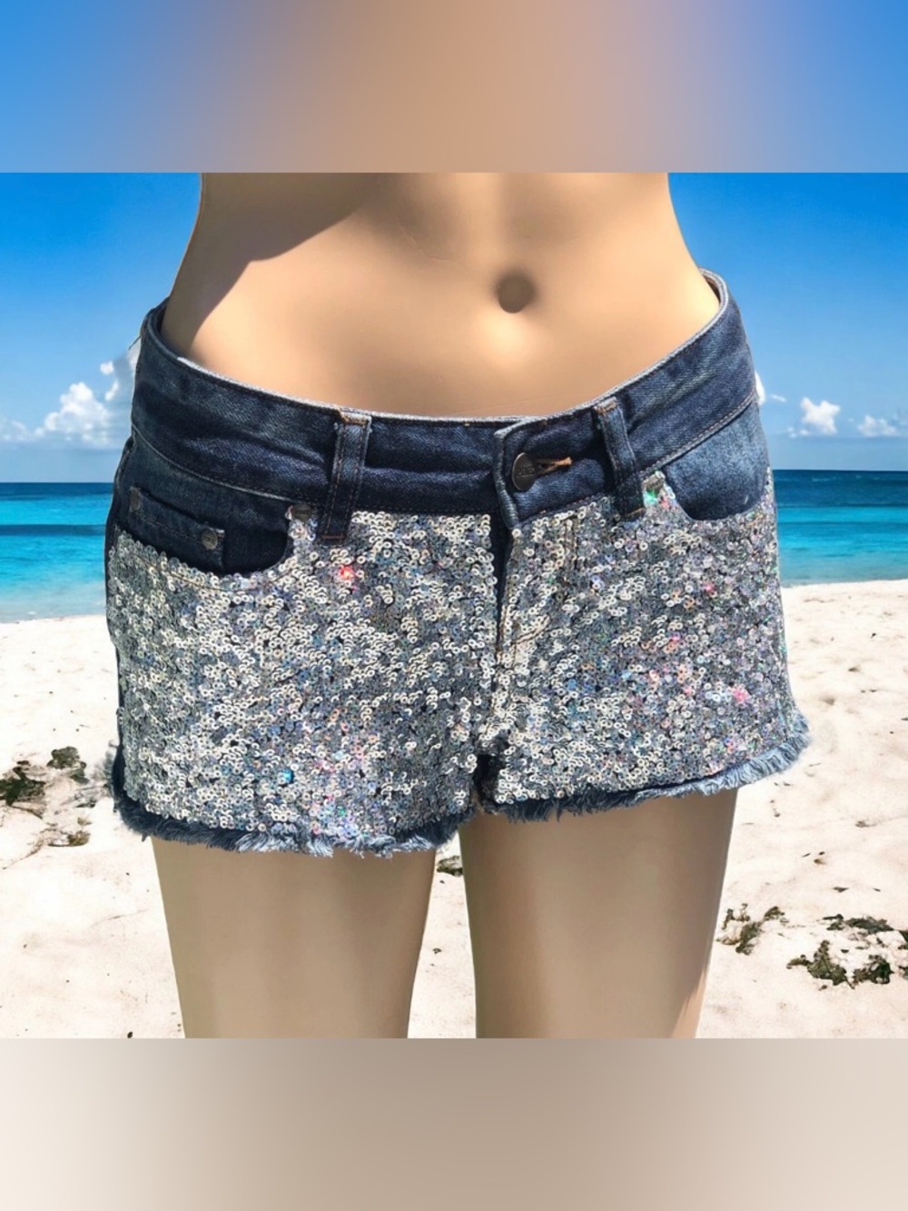 PINK Victoria's Secret Silver Sequin Denim Shorts
